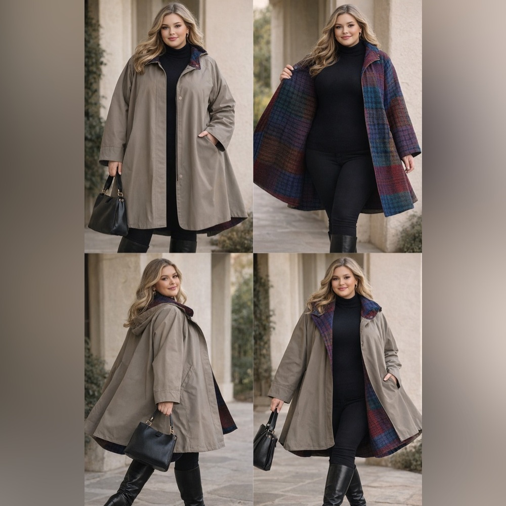 Vintage Reversible Plaid Wool-Blend Swing Coat | Cape Style | Made in Hong Kong